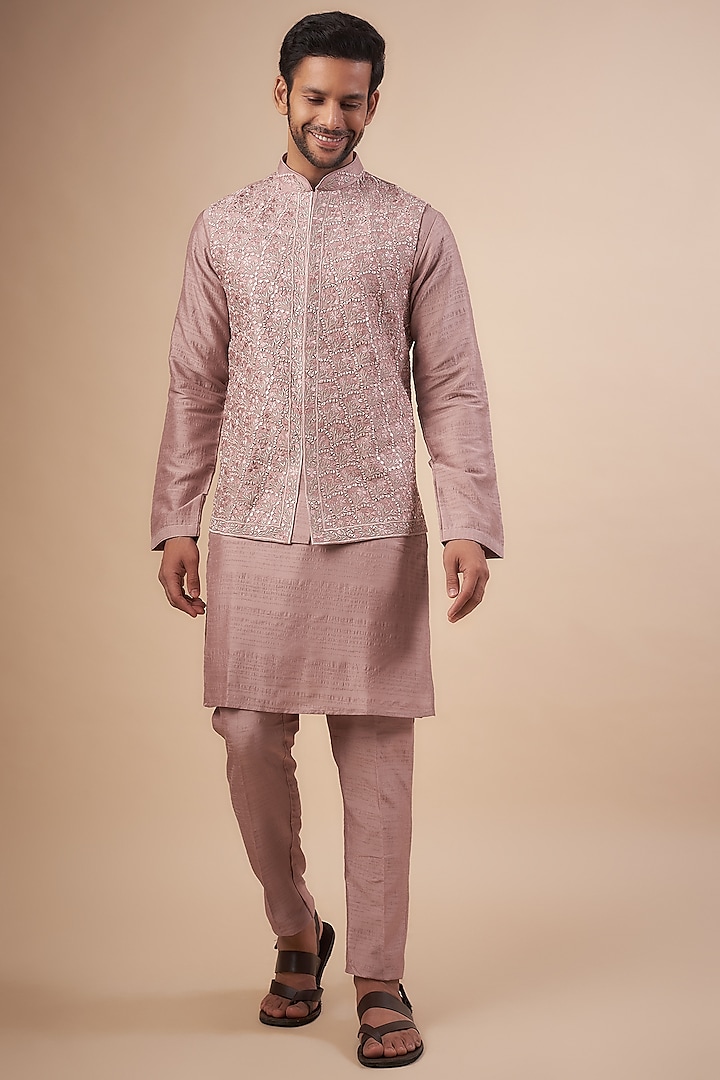 Onion Pink Silk Embroidered Bundi Jacket Set by RIYAASAT