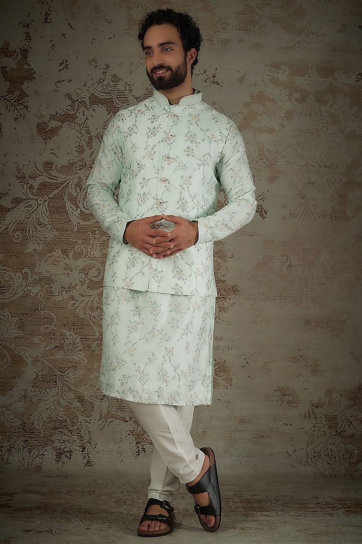 Mint Green Silk Embroidered Bundi Jacket Set by RIYAASAT