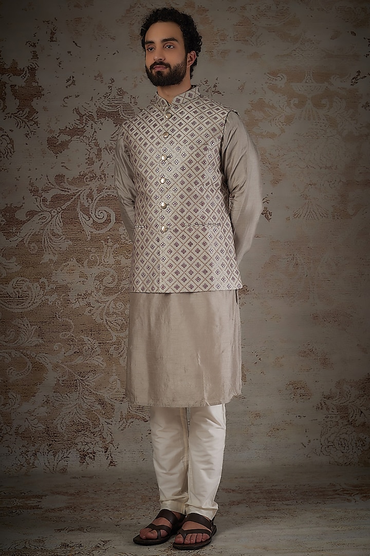 Khaki Silk Embroidered Bundi Jacket Set by RIYAASAT