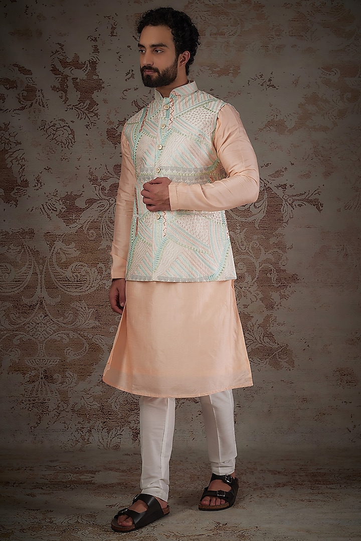 Light Melon Peach Silk Embroidered Bundi Jacket Set by RIYAASAT