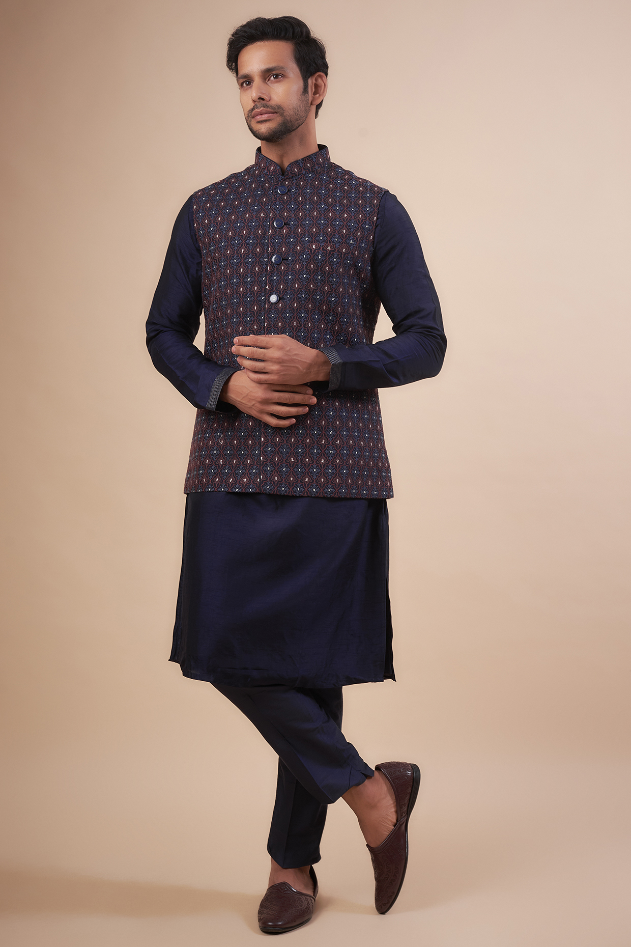 Navy Blue Silk Embroidered Bundi Jacket Set by RIYAASAT