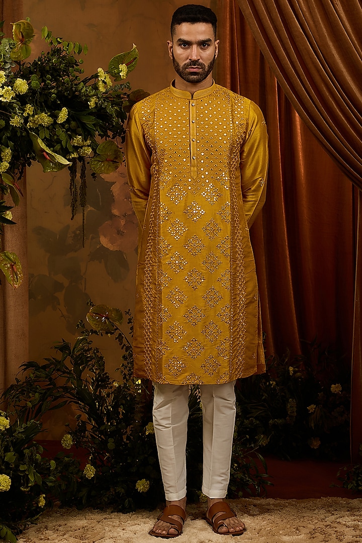 Mustard Yellow Silk Thread Embroidered Kurta Set by RIYAASAT