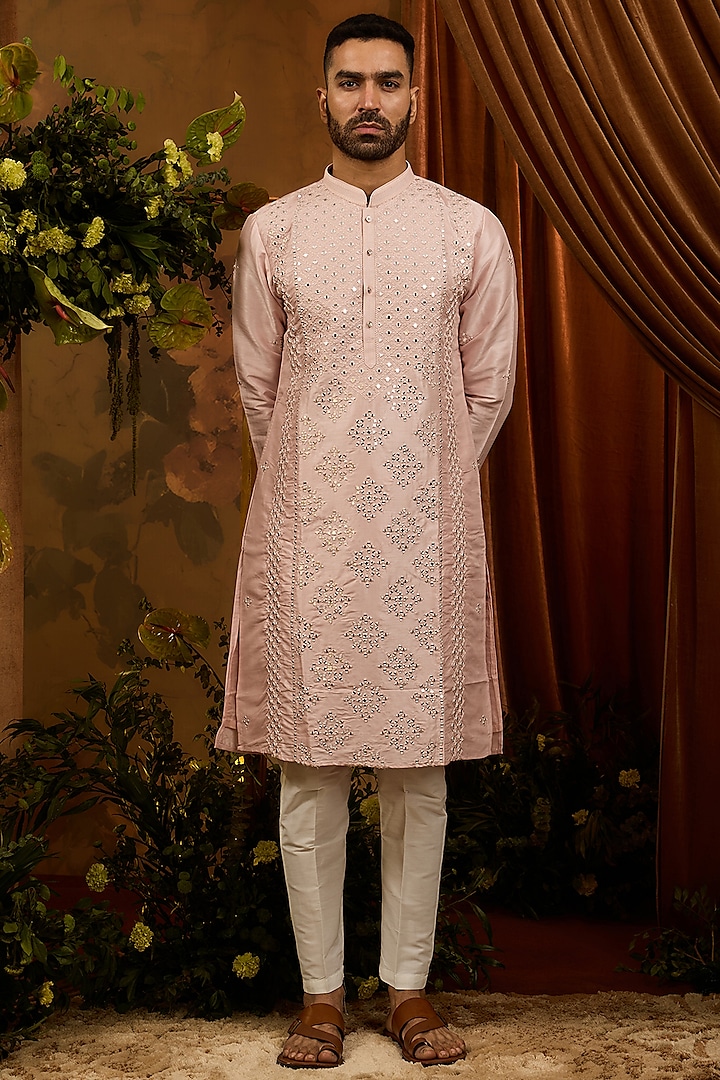 Peach Silk Mirror Work Kurta Set by RIYAASAT