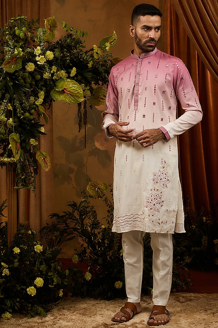 Plum-White Ombre Silk Mirror Work Kurta Set by RIYAASAT