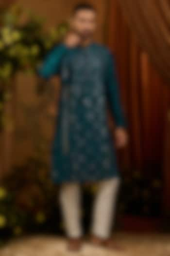 Deep Teal Silk Mirror Work Kurta Set by RIYAASAT at Pernia's Pop Up Shop