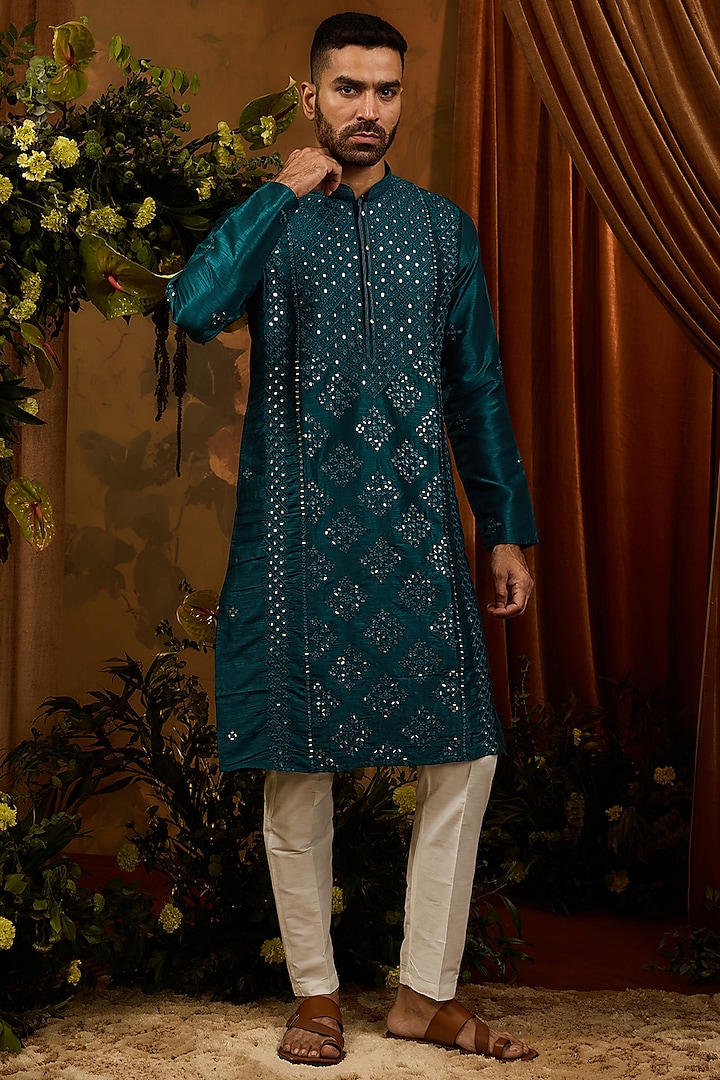 Deep Teal Silk Mirror Work Kurta Set by RIYAASAT at Pernia's Pop Up Shop