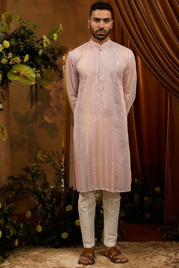 Peach Silk Sequins Embroidered Kurta Set by RIYAASAT