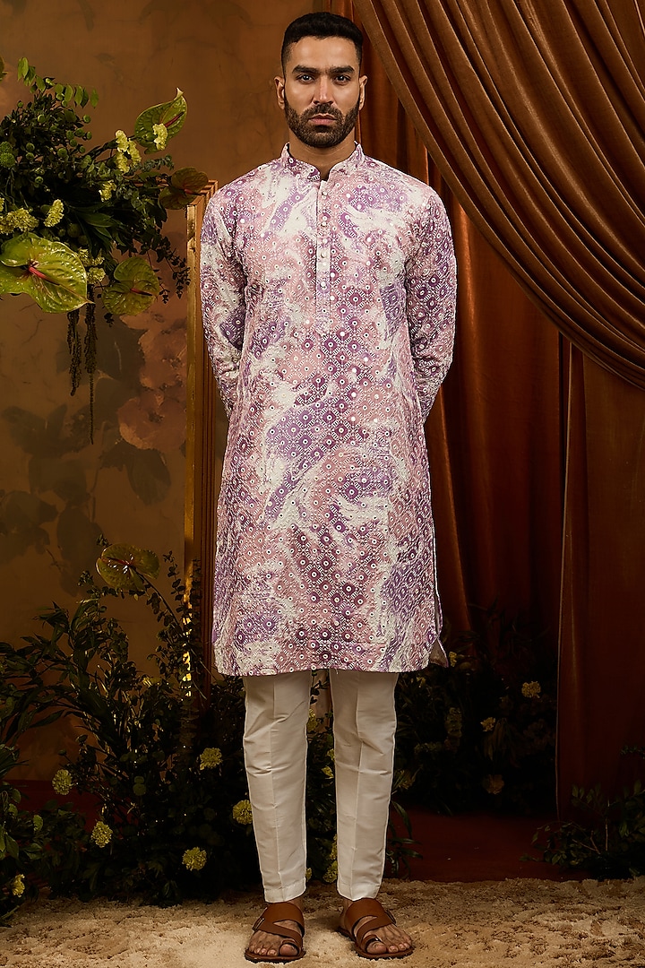 Purple Silk Mirror Work & Embroidered Kurta Set by RIYAASAT