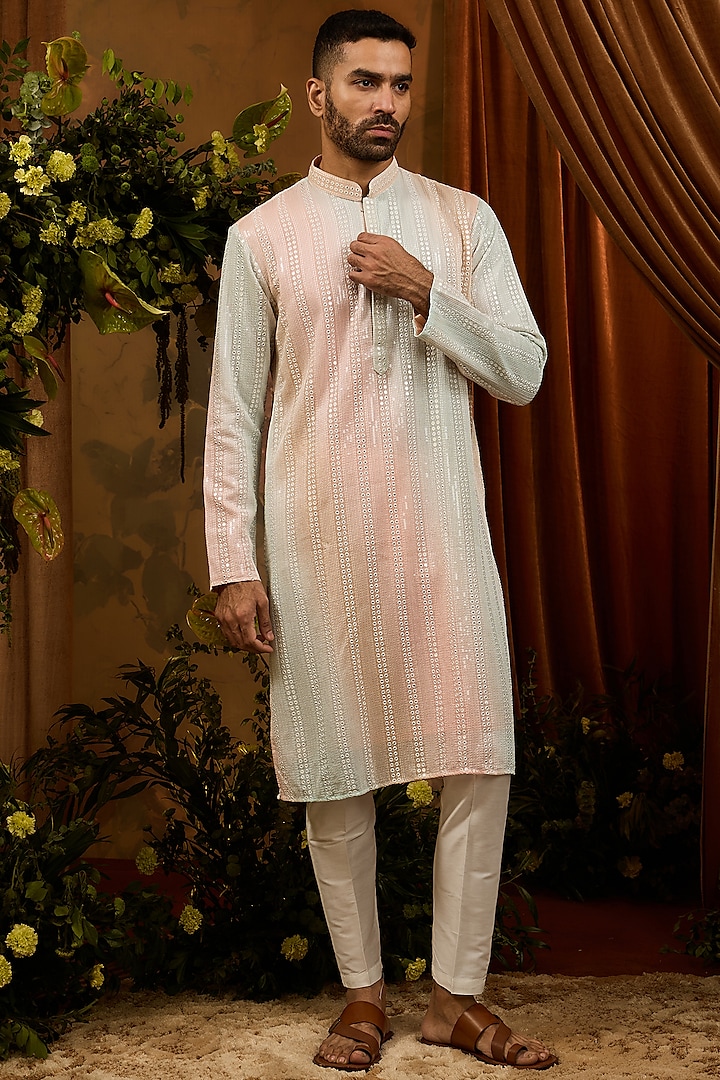 Peach-Pista Silk Threadwork Kurta Set by RIYAASAT at Pernia's Pop Up Shop