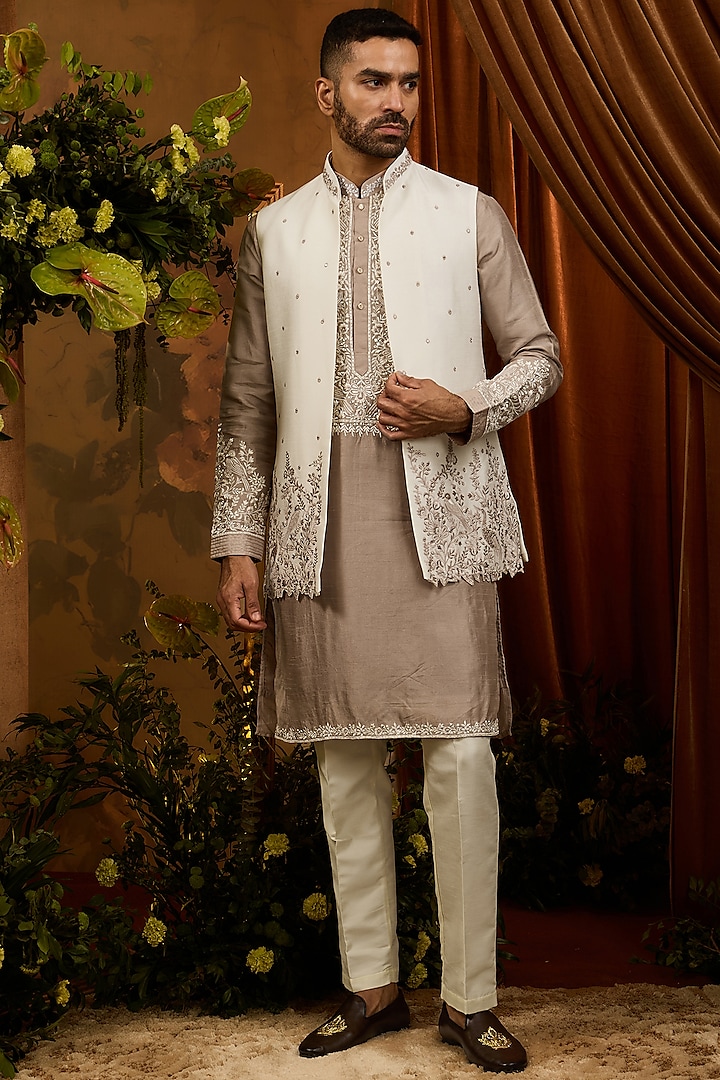 Beige Silk Embroidered Open Bundi Jacket Set by RIYAASAT