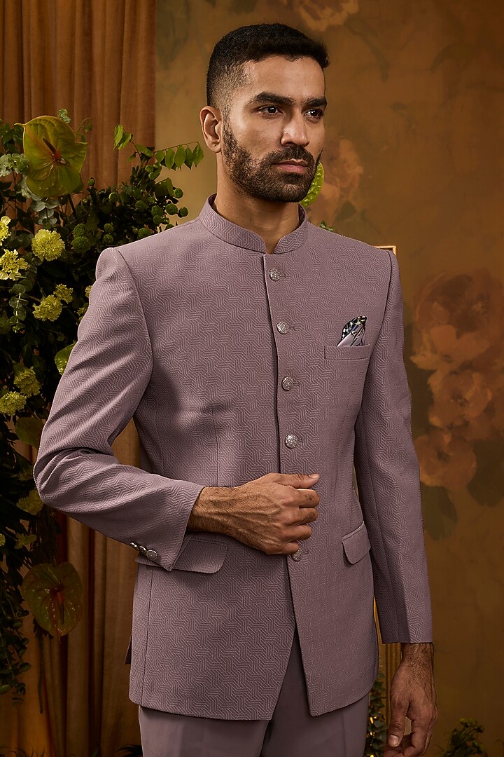 Pink Silk Threadwork Bandhgala Set by RIYAASAT at Pernia's Pop Up Shop
