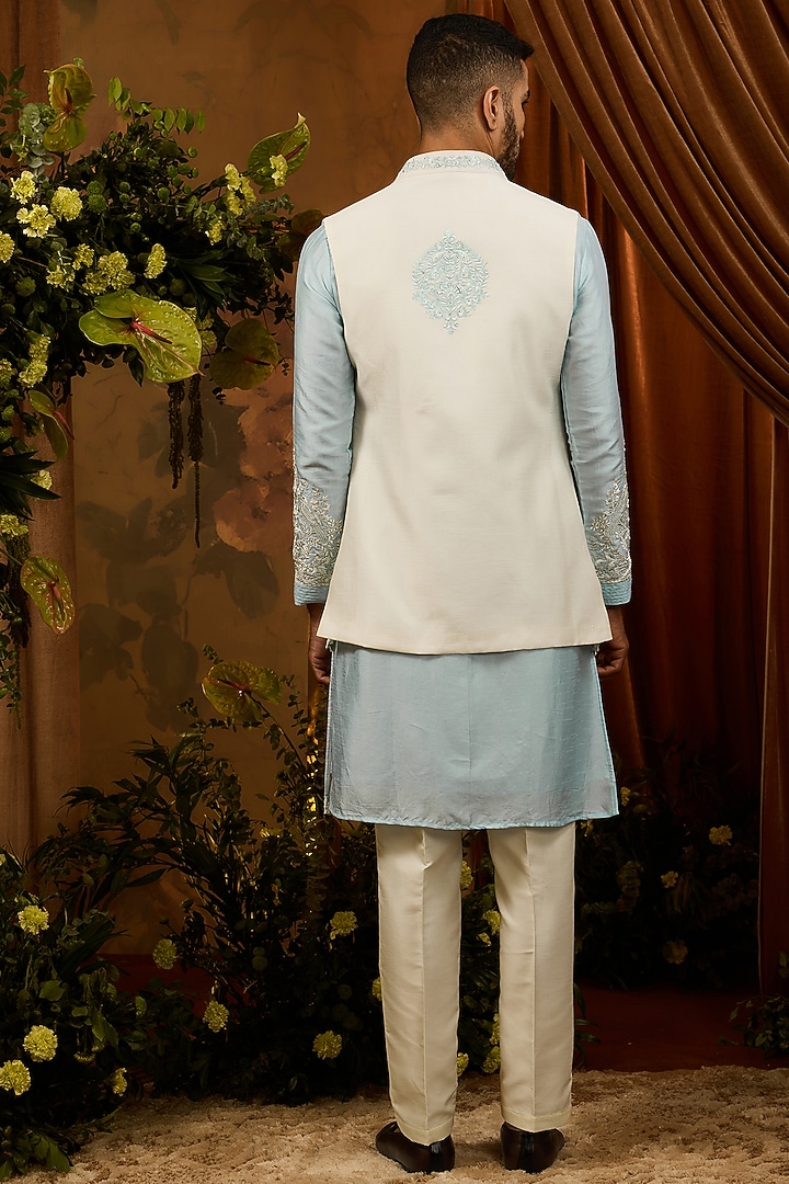White Silk Embroidered Bundi Jacket Set by RIYAASAT at Pernia's Pop Up Shop