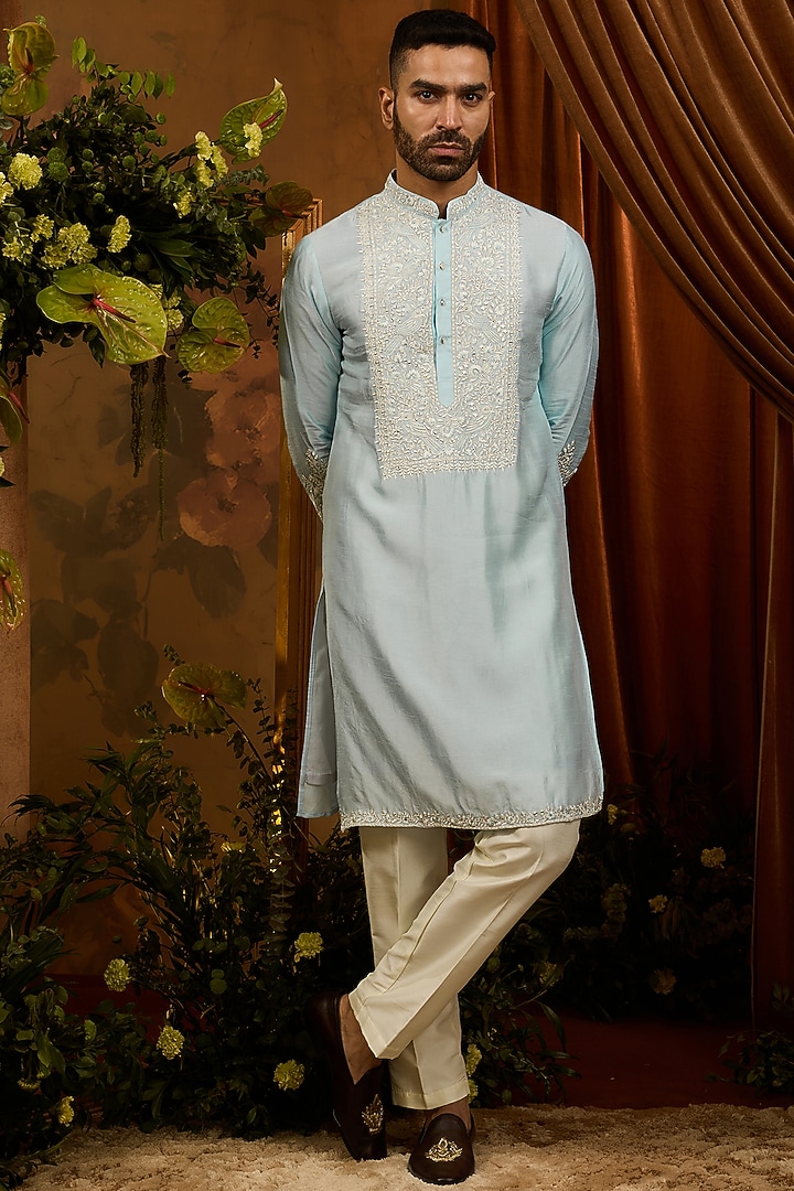 White Silk Embroidered Bundi Jacket Set by RIYAASAT at Pernia's Pop Up Shop