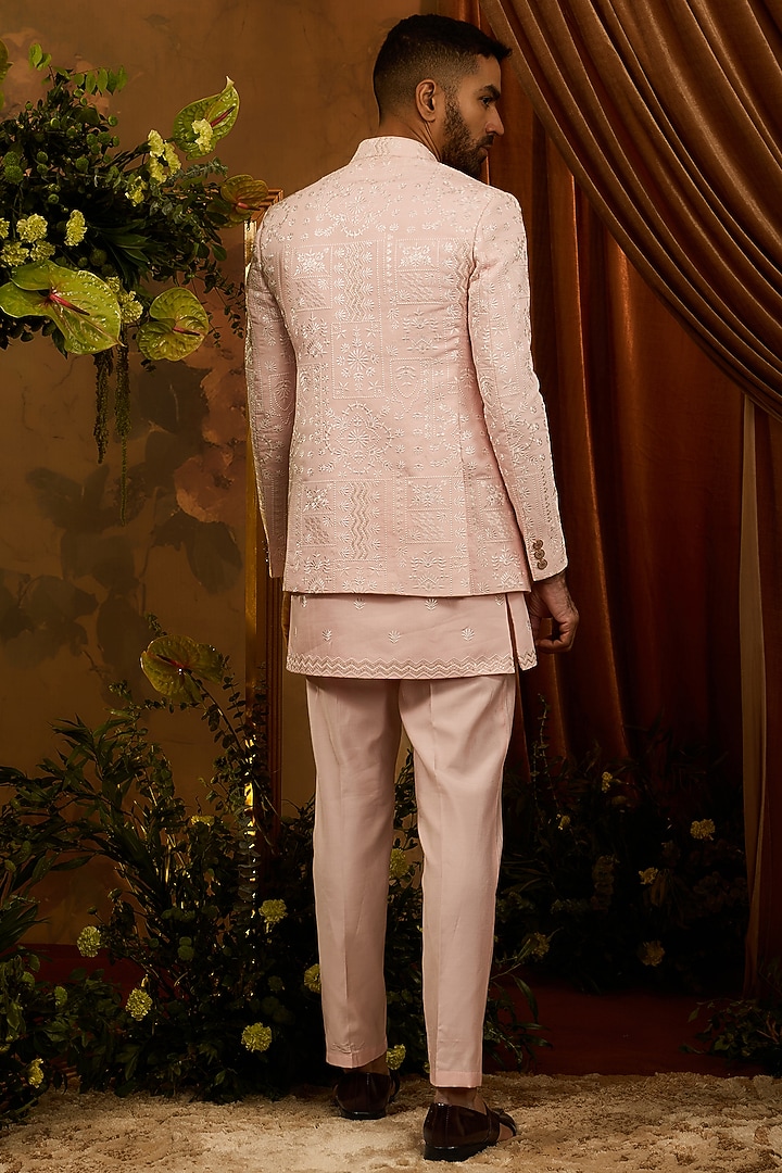 Peach Silk Thread Embroidered Jodhpuri Set by RIYAASAT at Pernia's Pop Up Shop