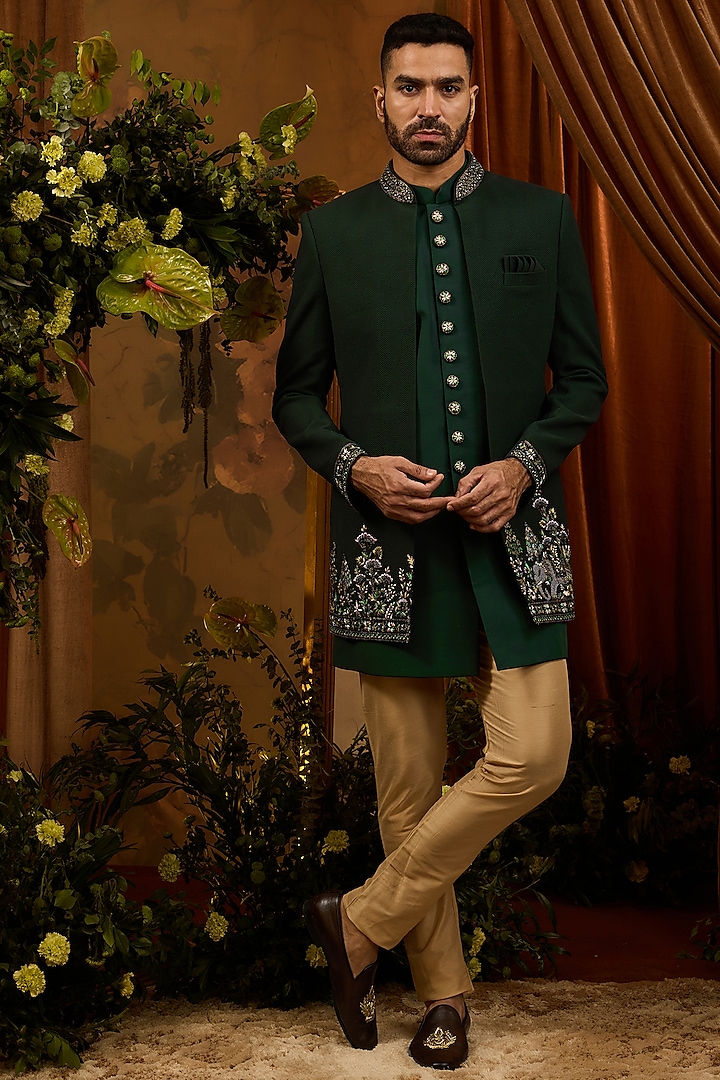 Green Silk Embroidered Indowestern Set by RIYAASAT