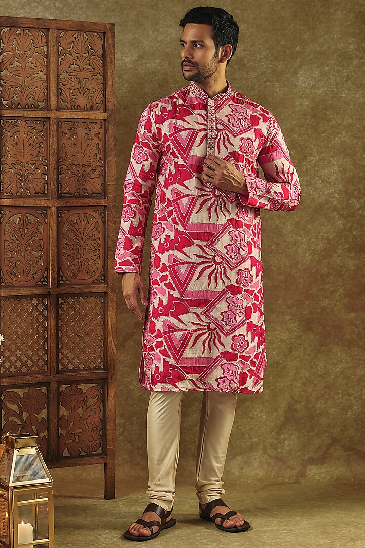 Rani Pink Splendid Silk Printed & Resham Embroidered Kurta Set by RIYAASAT