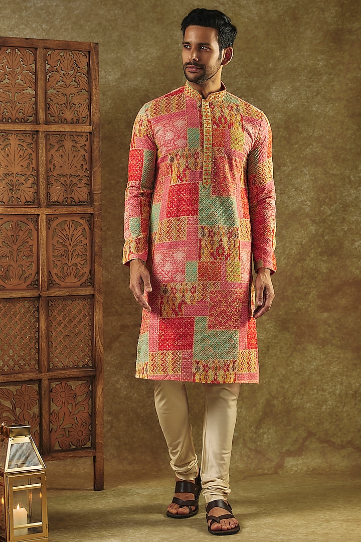 Multi-Colored Splendid Silk Printed & Resham Embroidered Kurta Set by RIYAASAT