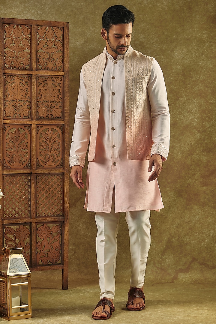 Pastel Pink Ombre Splendid Silk Resham Embroidered Open-Indowestern Set by RIYAASAT