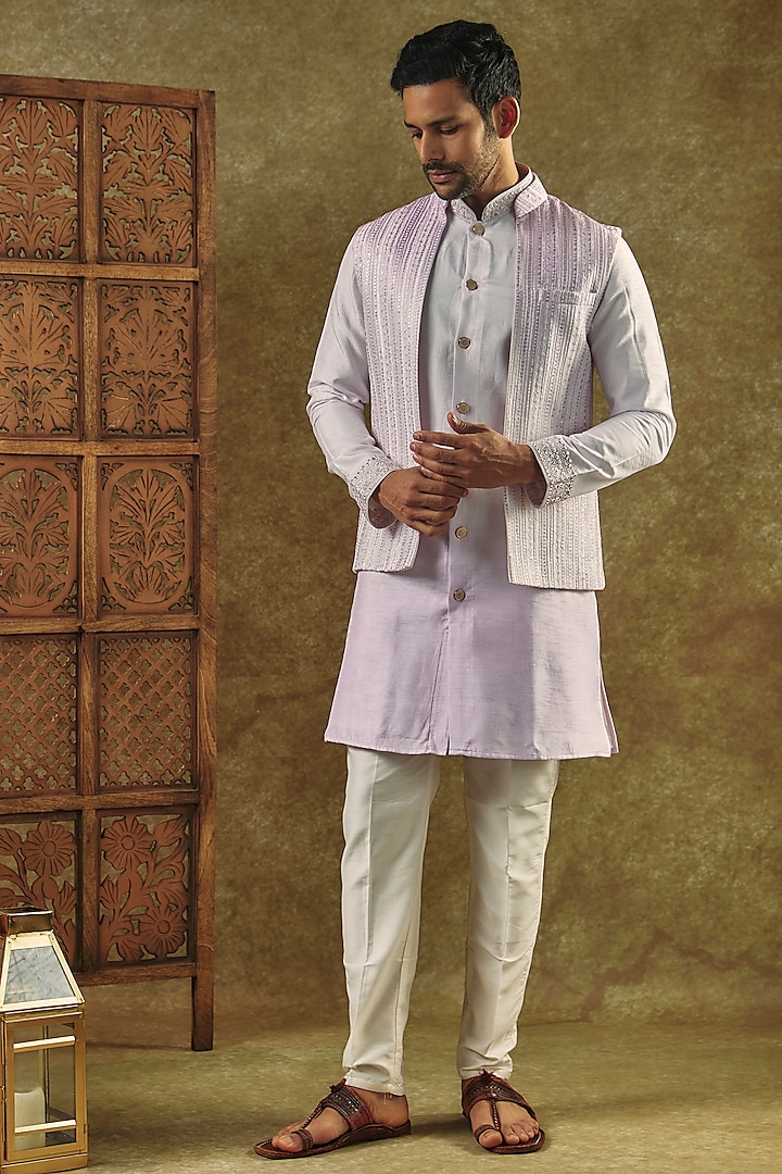 Lilac Ombre Splendid Silk Resham Embroidered Open-Indowestern Set by RIYAASAT