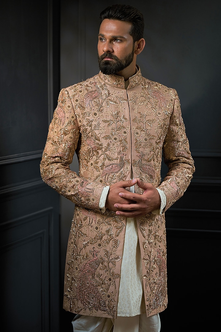 Dusty Rose Embroidered Groom Sherwani Set by Ritu & Abhishek at Pernia's Pop Up Shop