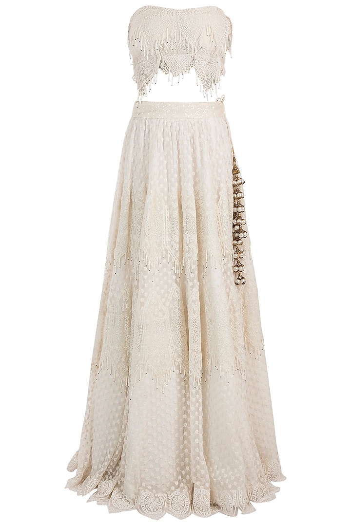 White Embroidered Tiered Lehenga Skirt With Blouse by RINA DHAKA