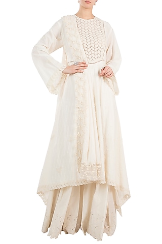 Cream Embroidered Sharara Set by RINA DHAKA