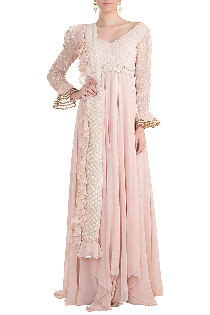 Dusty Pink Party Wear Anarkali Gown With Dupatta by RINA DHAKA at Pernia's Pop Up Shop
