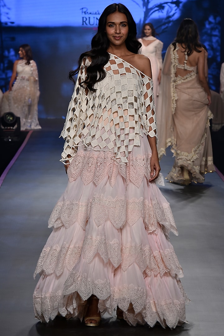 Pink Embroidered Lace Skirt With One Shouldered Top by RINA DHAKA