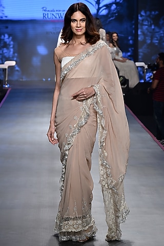 Peach Embroidered Ruffled Saree Set by RINA DHAKA