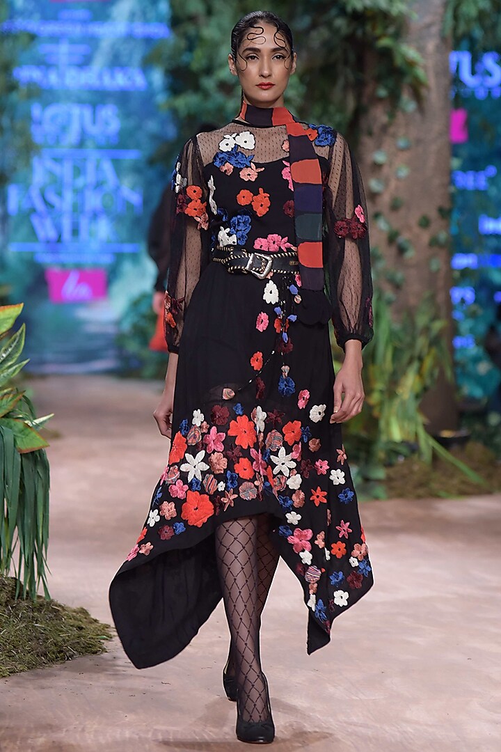 Black Floral Embroidered Midi Dress by RINA DHAKA