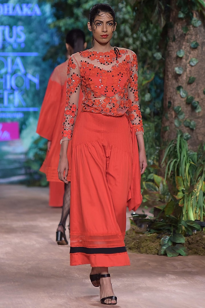 Red Embroidered Sheer Top by RINA DHAKA