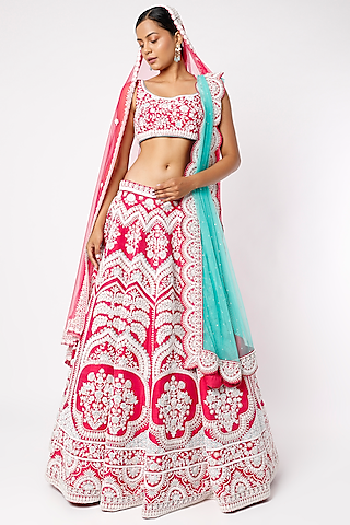 Fuchsia Pure Silk Pearl Embroidered Lehenga Set by Rianta's