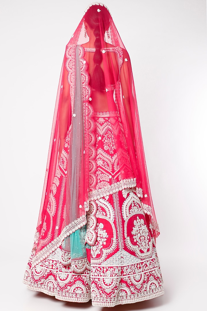 Fuchsia Pure Silk Pearl Embroidered Bridal Lehenga Set by Rianta's at Pernia's Pop Up Shop