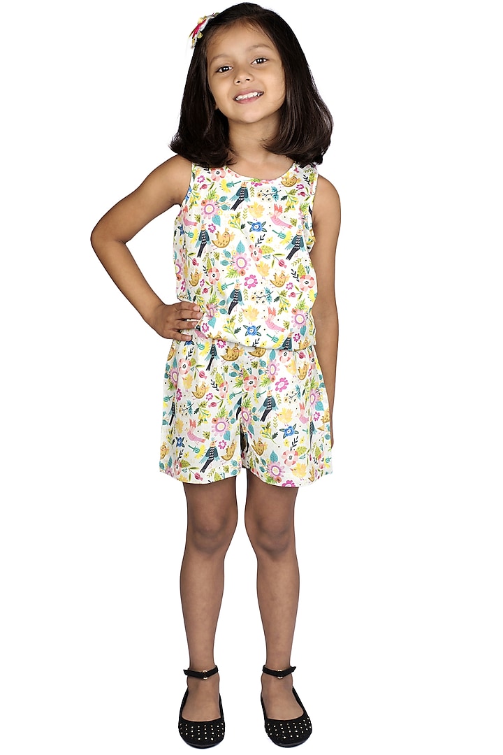 Multi Colored Bird Printed Sleeveless Jumpsuit For Girls by Ribbon Candy