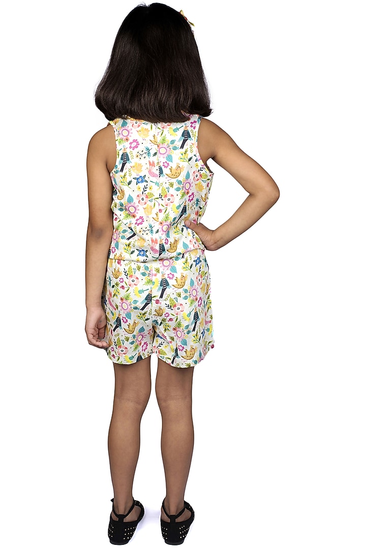 Multi Colored Bird Printed Sleeveless Jumpsuit For Girls by Ribbon Candy at Pernia's Pop Up Shop