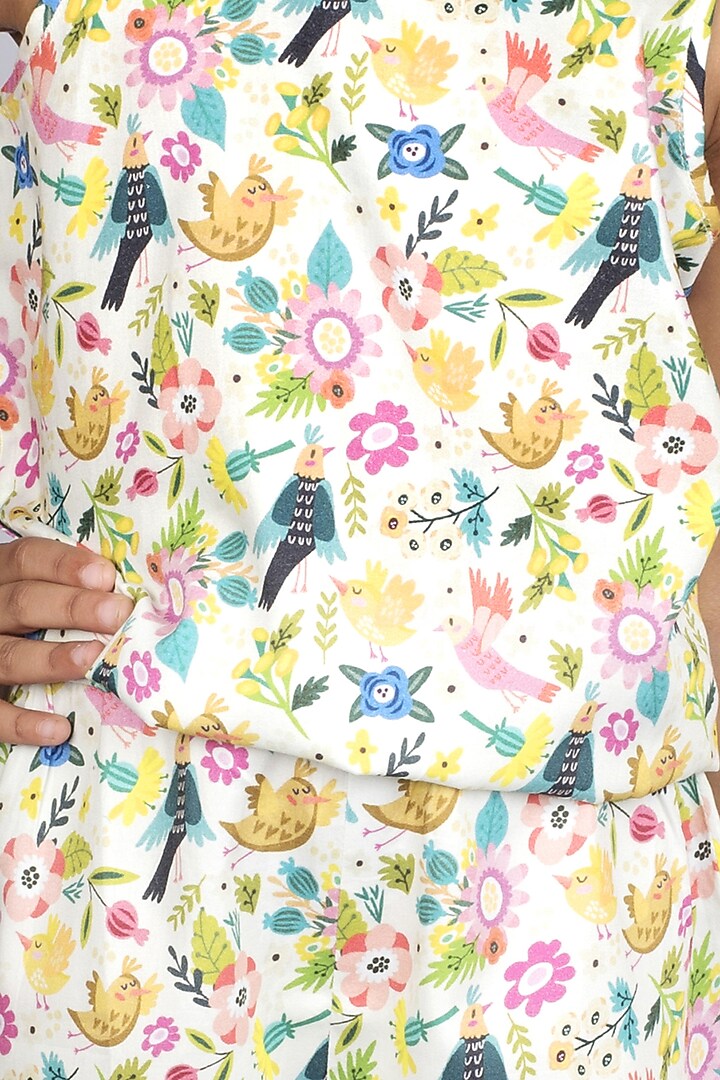Multi Colored Bird Printed Sleeveless Jumpsuit For Girls by Ribbon Candy at Pernia's Pop Up Shop