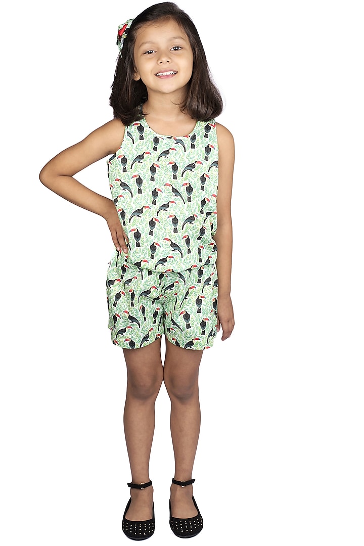 Green Printed Sleeveless Jumpsuit For Girls by Ribbon Candy