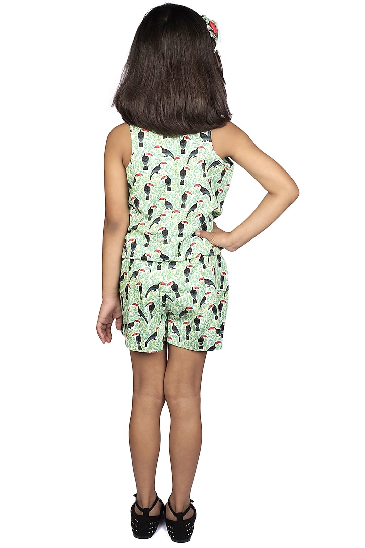 Green Printed Sleeveless Jumpsuit For Girls by Ribbon Candy at Pernia's Pop Up Shop