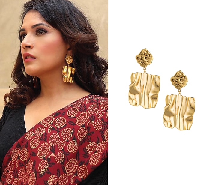 Gold plated textured two drop earrings available only at Pernia's Pop Up Shop.