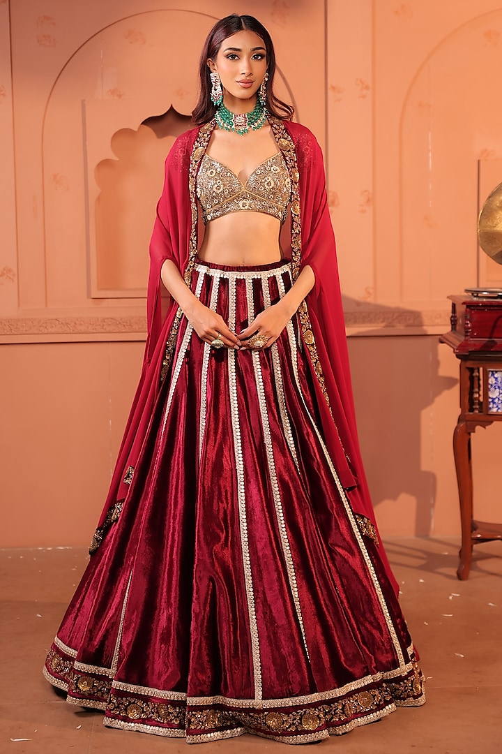 Maroon Silk Velvet Zardosi Hand Embroidered Jacket Bridal Lehenga Set by RICHA AHLUWALIA at Pernia's Pop Up Shop