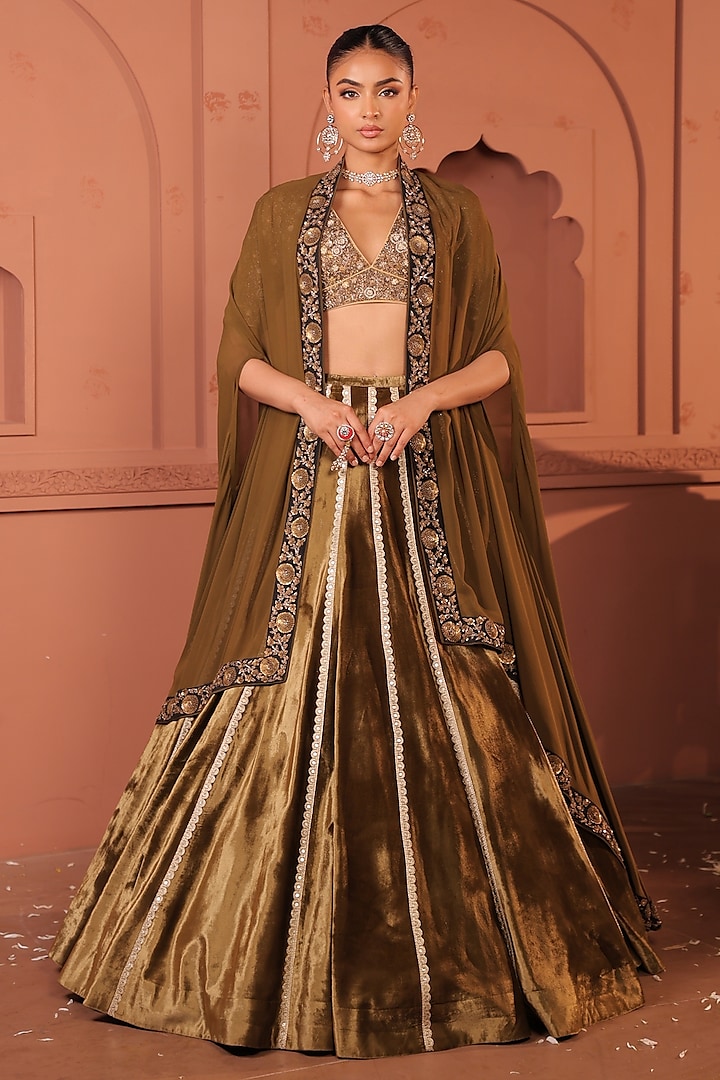 Olive Green Silk Velvet Zardosi Hand Embroidered Jacket Bridal Lehenga Set by RICHA AHLUWALIA at Pernia's Pop Up Shop