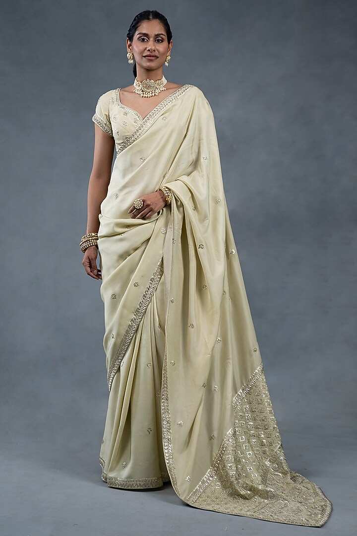Pistachio Green Habutai Silk Zardosi Embroidered Reception Saree Set by RICHA AHLUWALIA at Pernia's Pop Up Shop