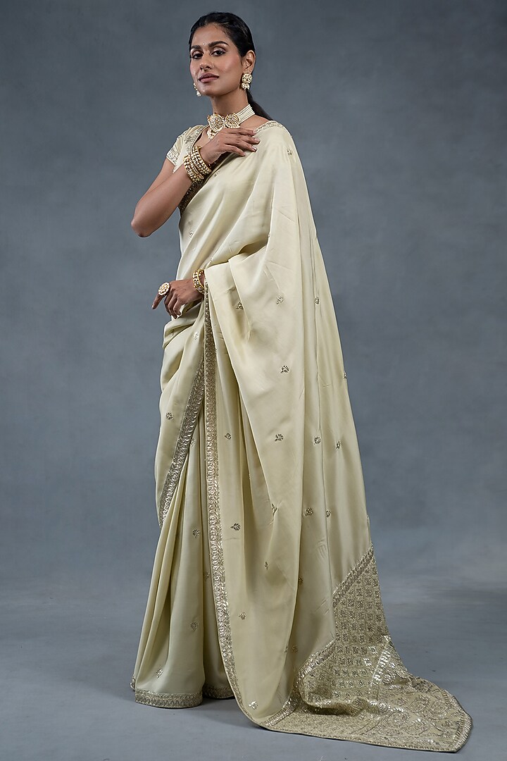 Pistachio Green Habutai Silk Zardosi Embroidered Wedding Saree Set by RICHA AHLUWALIA at Pernia's Pop Up Shop