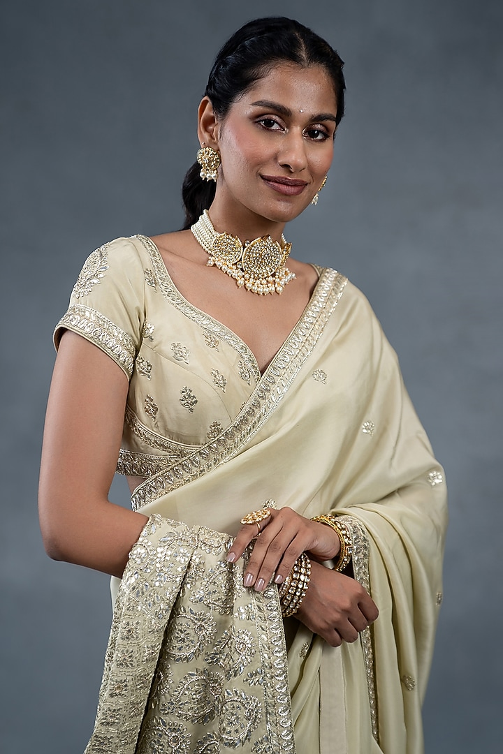 Pistachio Green Habutai Silk Zardosi Embroidered Wedding Saree Set by RICHA AHLUWALIA at Pernia's Pop Up Shop