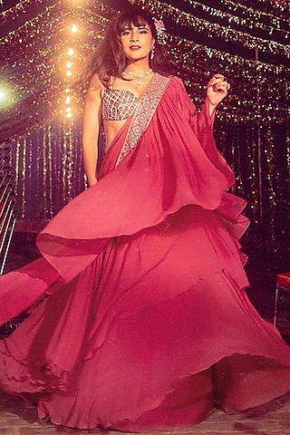 Ruby Red Embroidered Ruffled Saree by TORANI