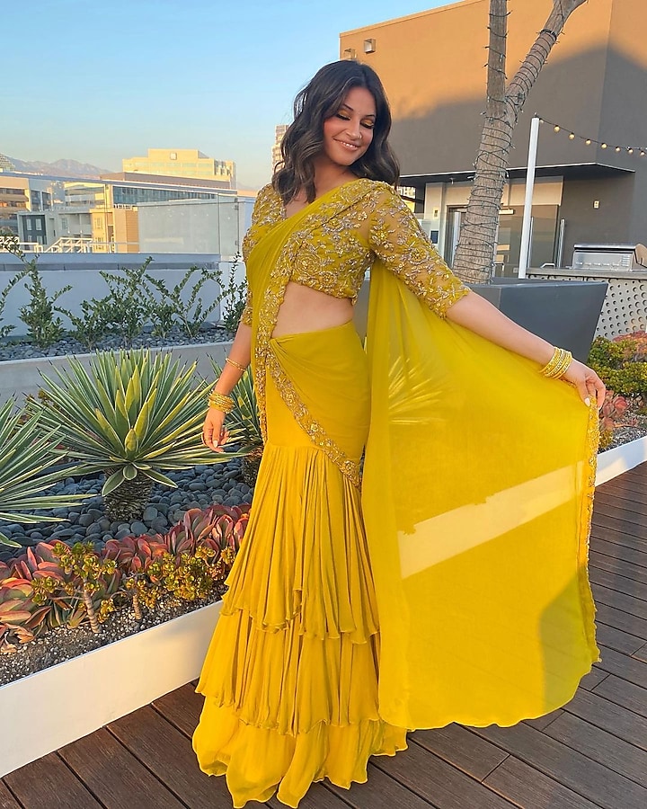 Yellow Embellished Saree Set by SHLOKA KHIALANI
