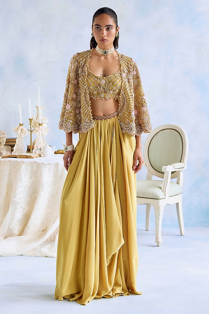 Citric Lemon Crepe Hand Embroidered Cape Set by Ridhima Bhasin at Pernia's Pop Up Shop