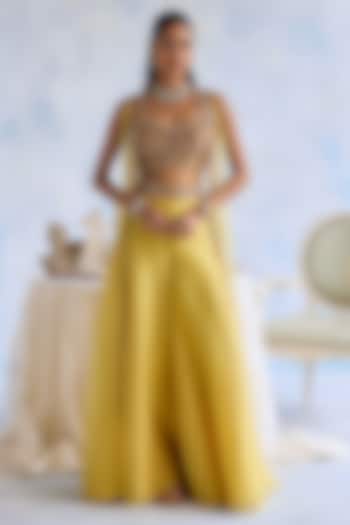 Citric Lemon Organza Hand Embroidered Palazzo Set by Ridhima Bhasin at Pernia's Pop Up Shop
