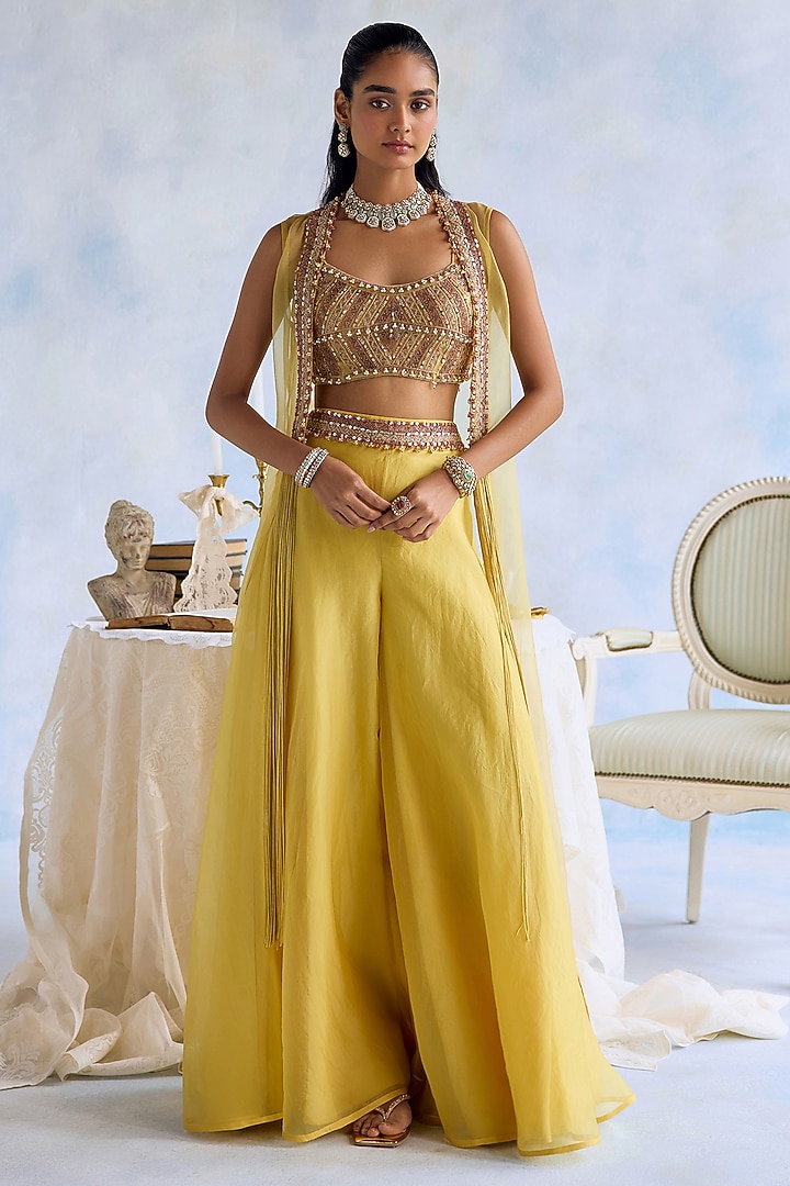 Citric Lemon Organza Hand Embroidered Palazzo Set by Ridhima Bhasin at Pernia's Pop Up Shop