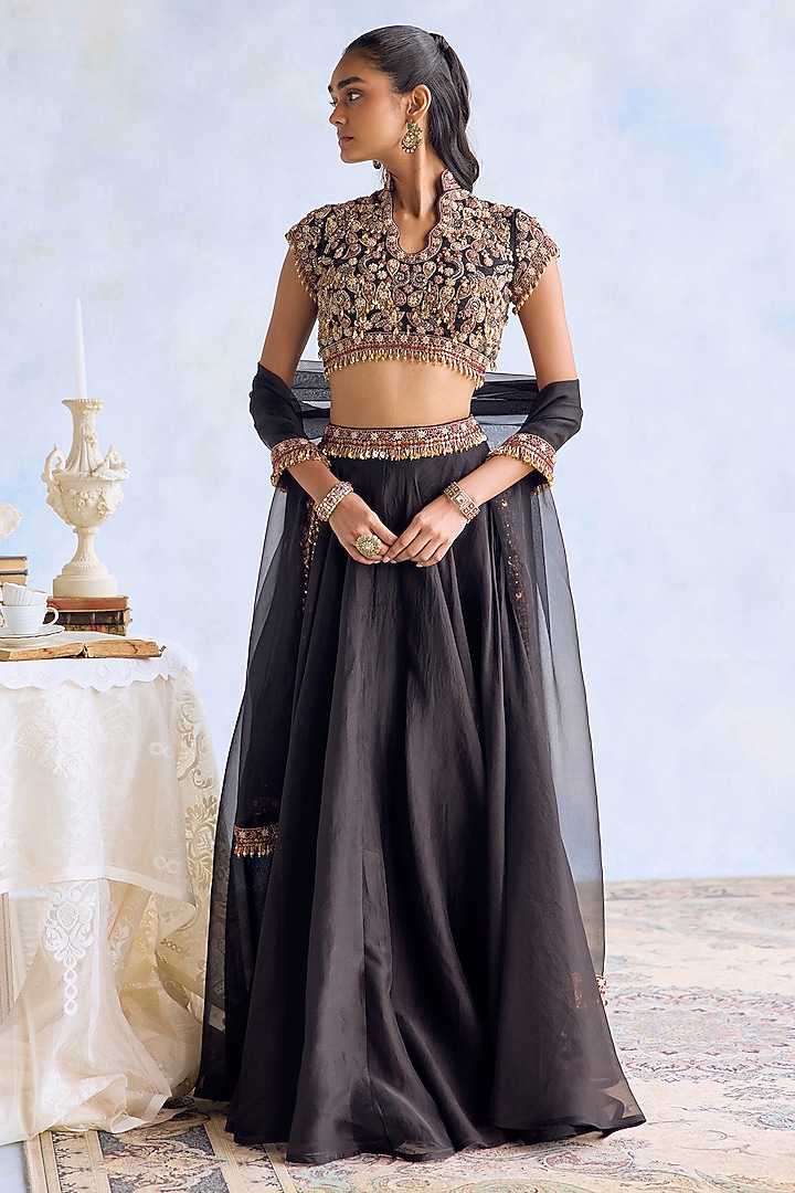 Midnight Black Organza Hand Embroidered Wedding Lehenga Set by Ridhima Bhasin at Pernia's Pop Up Shop